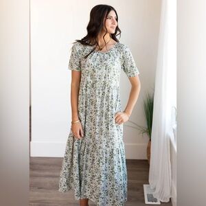 Cotton Green Floral Tiered Short Sleeve Dress